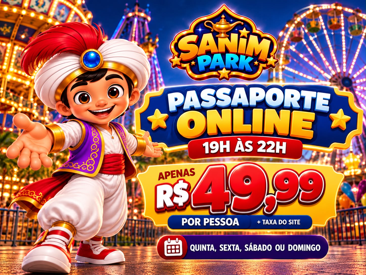 🎟️ PASSAPORTE ONLINE 19h às 22h — R$ 49,99 POR PESSOA